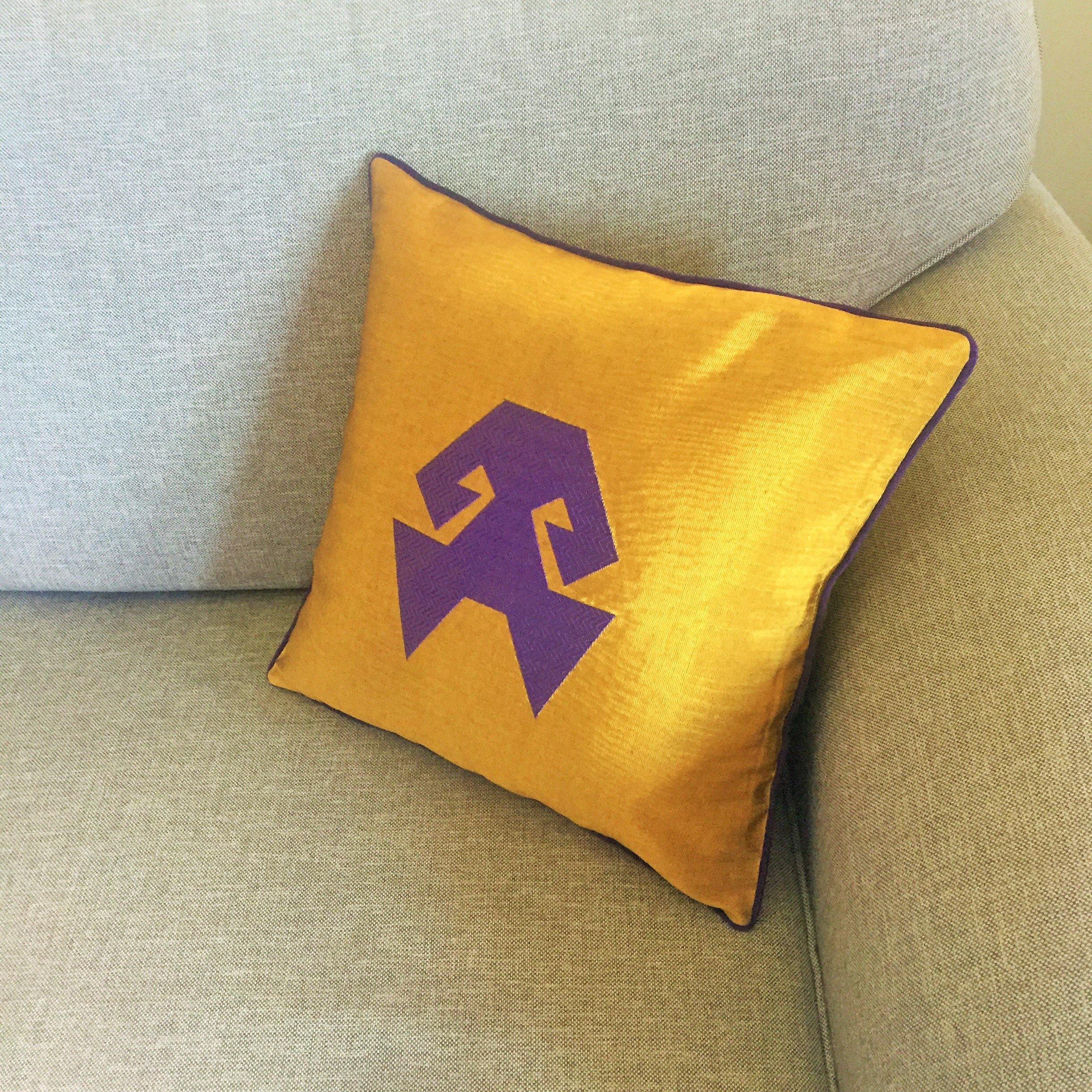 Kutnu Silk Pillow with Embroidery - HandsOnHips , Yellow Authentic Silk Cushion - bohemtolia