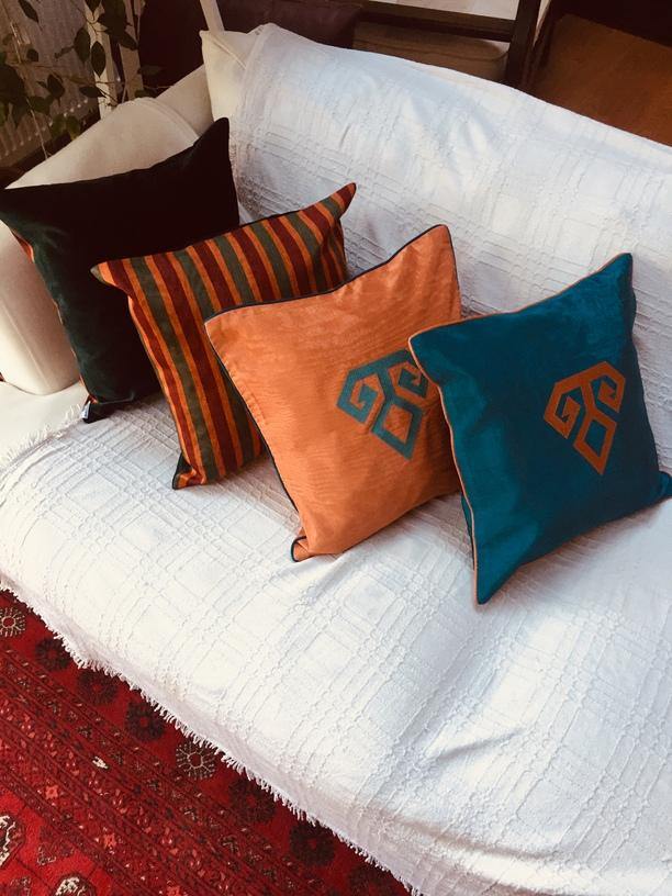 Kutnu Silk Pillow with Embroidery - Fertility , Turquoise Authentic Silk Cushion - bohemtolia
